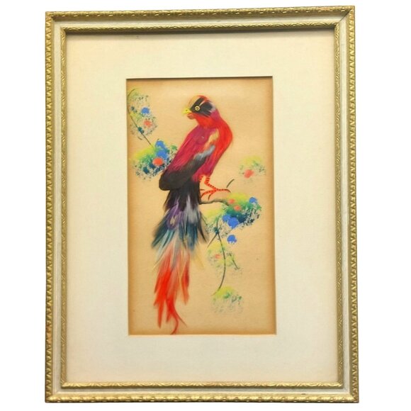 Vintage Feather Art Bird Painting in Ornate Gold Frame 7 5/8 x 9 5/8 Handcrafted - Picture 1 of 4